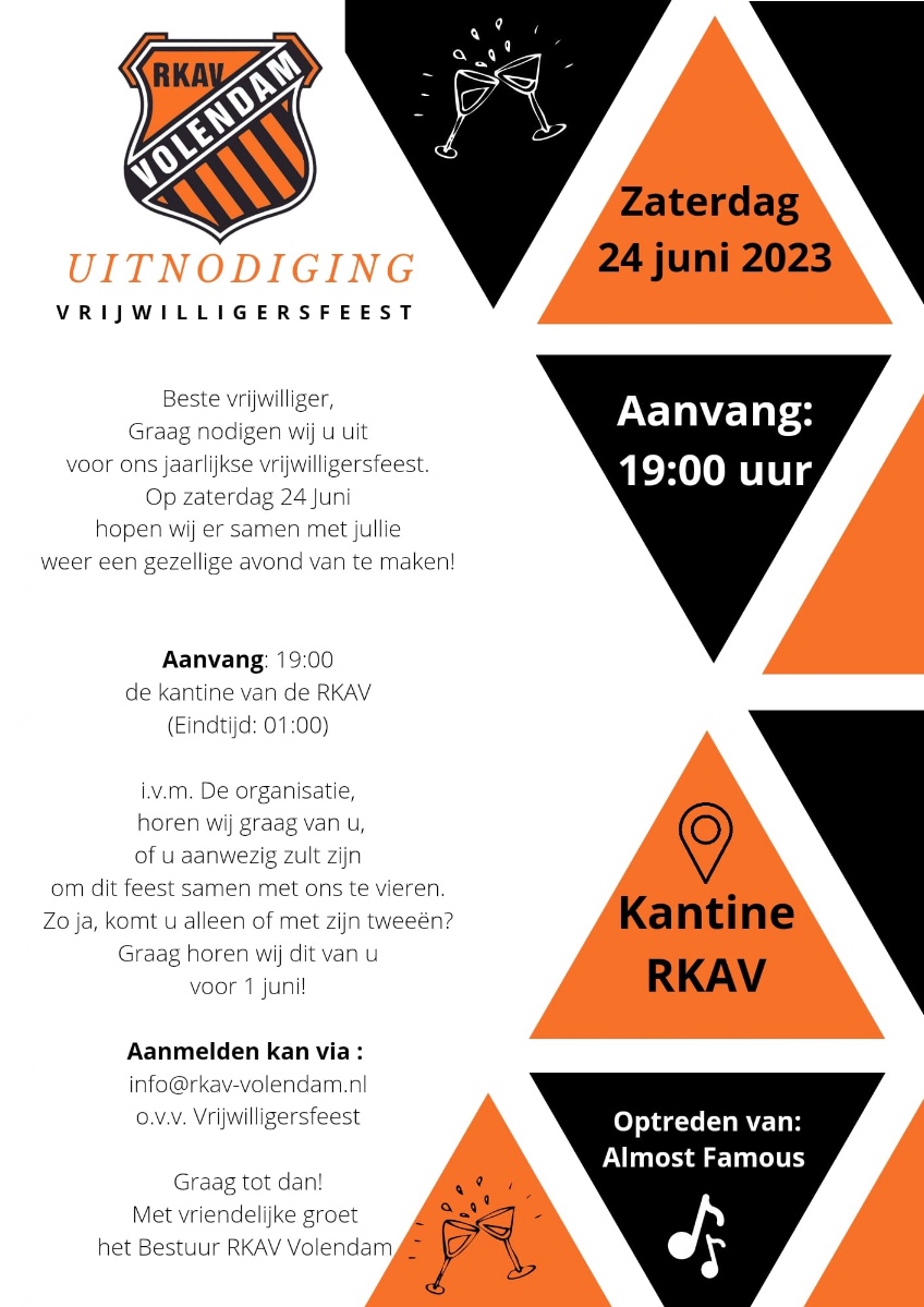 Uitnodiging Vrijwilligersfeest Rkav Volendam