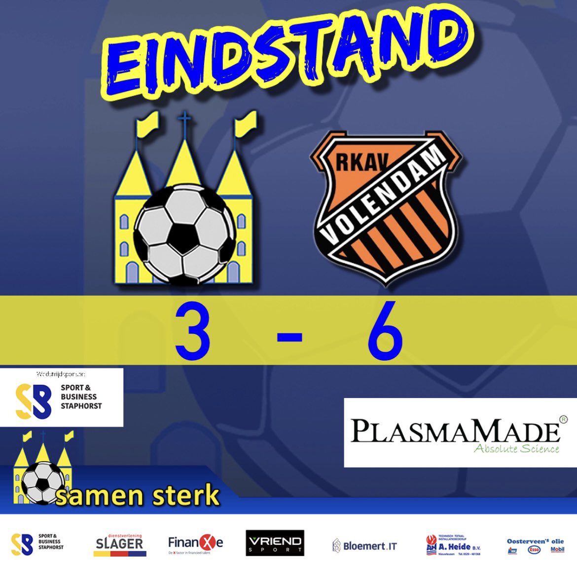 Rkav Volendam wint met 6-3 van VV Staphorst